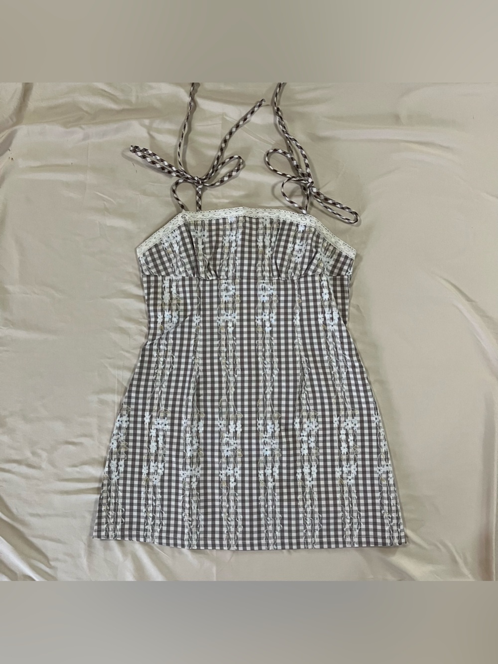 Brown Gingham Floral Embroidered Lace Trim Dress Tie Back Cottagecore Medium